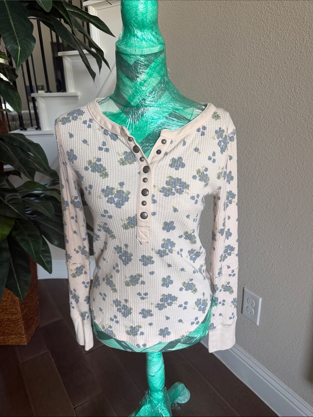 We The Free Cream Floral Henley Long Sleeve Top